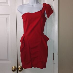 Monaco red one shoulder fitted sexy little red mini dress Sz L
